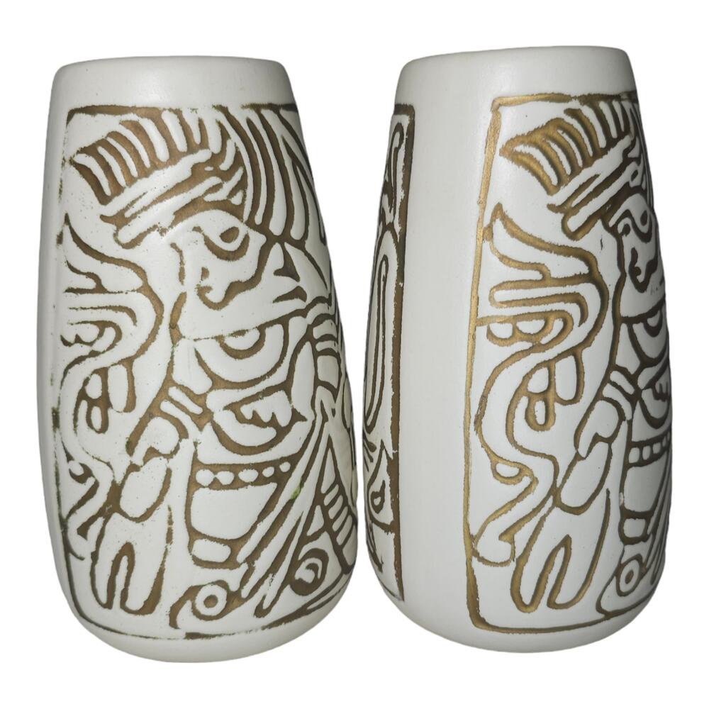 Vintage Mid-Century Mayan Aztec Native Design Vase Pair Cream Gold USA Made - Picture 9 of 16